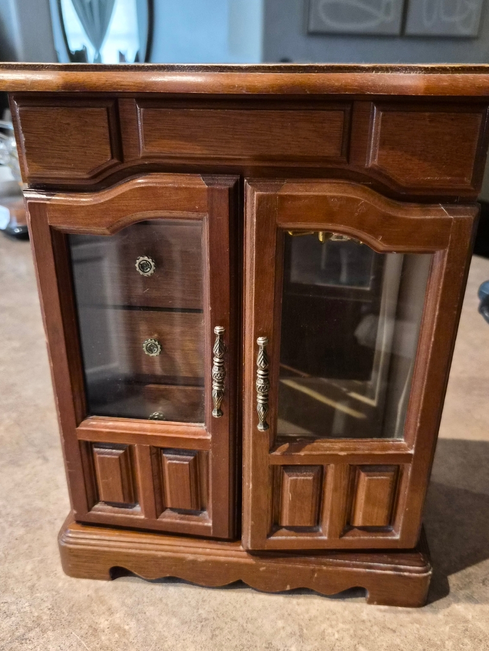 Vintage Sears Wooden Curio Cabinet Jewelry Box with Glass Doors - Brown